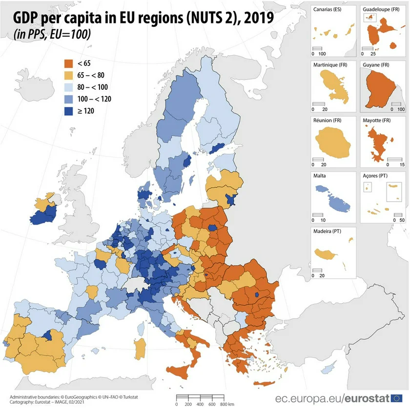 GDP per capita in EU regions via Eurostat