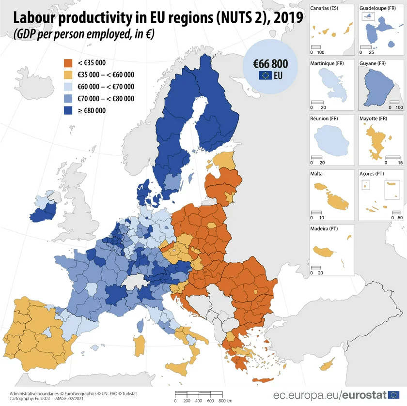 Labor productivity in EU regions via Eurostat