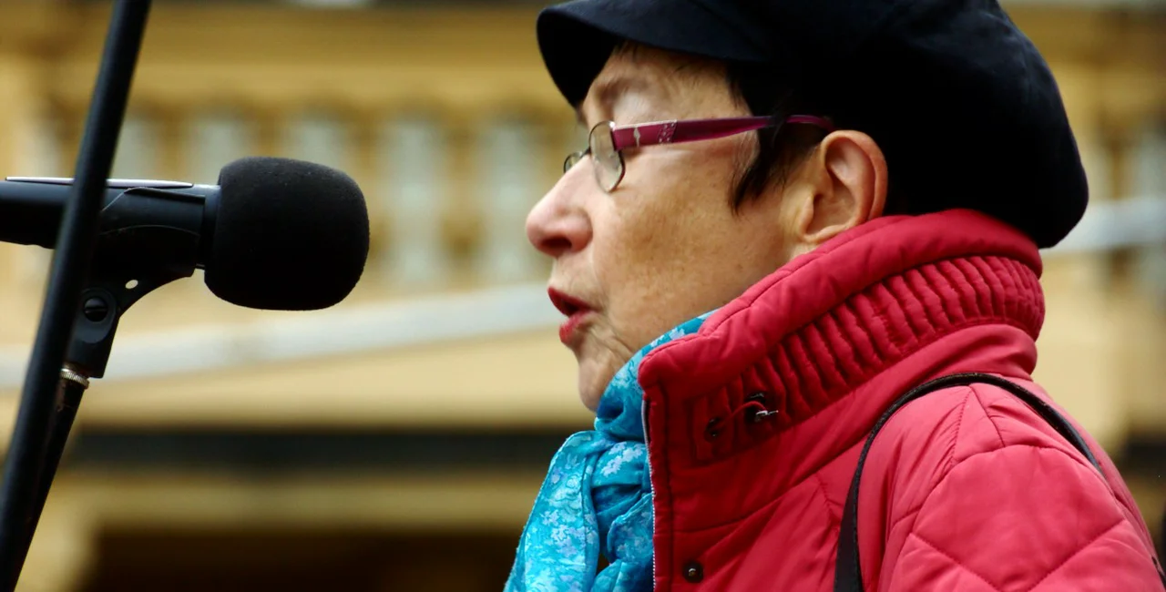 Jiřina Šiklová at Wenceslas Square, Prague, during the European migrants crisis in October 2015.