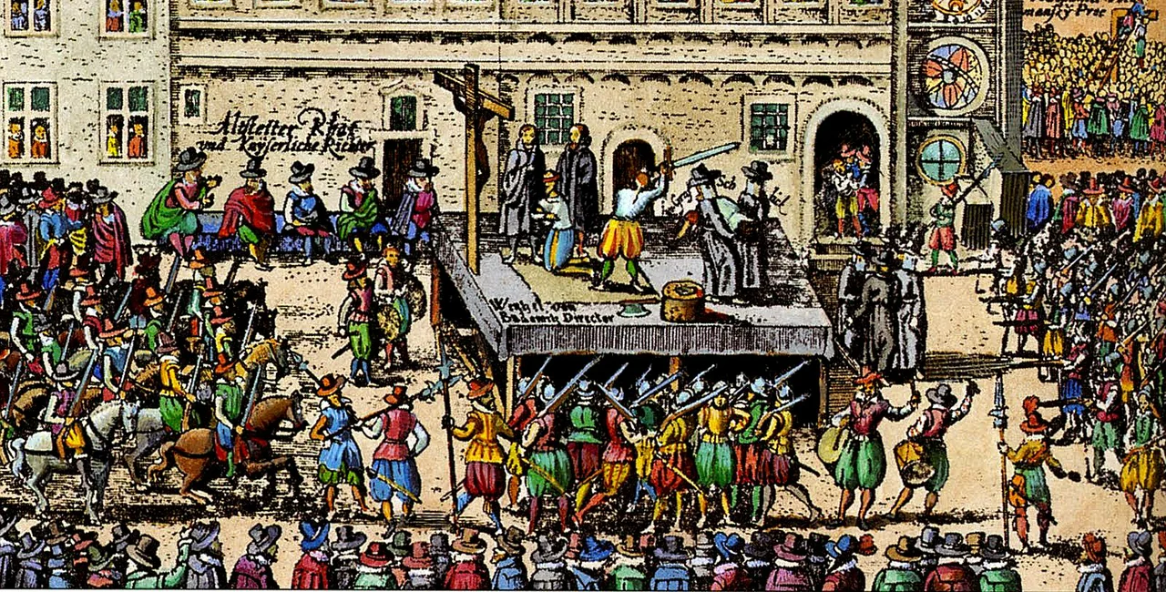 Color print of the 1621 executions, with the stage misplaced. (Public domain)
