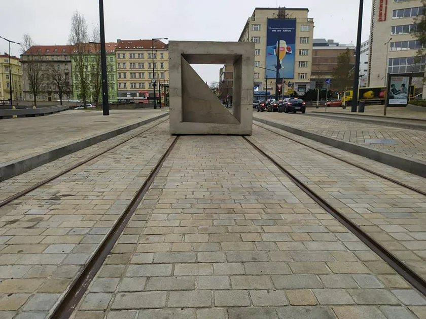 Tram tracks already in place on Vinohradská streets, with temporary artwork. (Photo: Raymond Johnston)