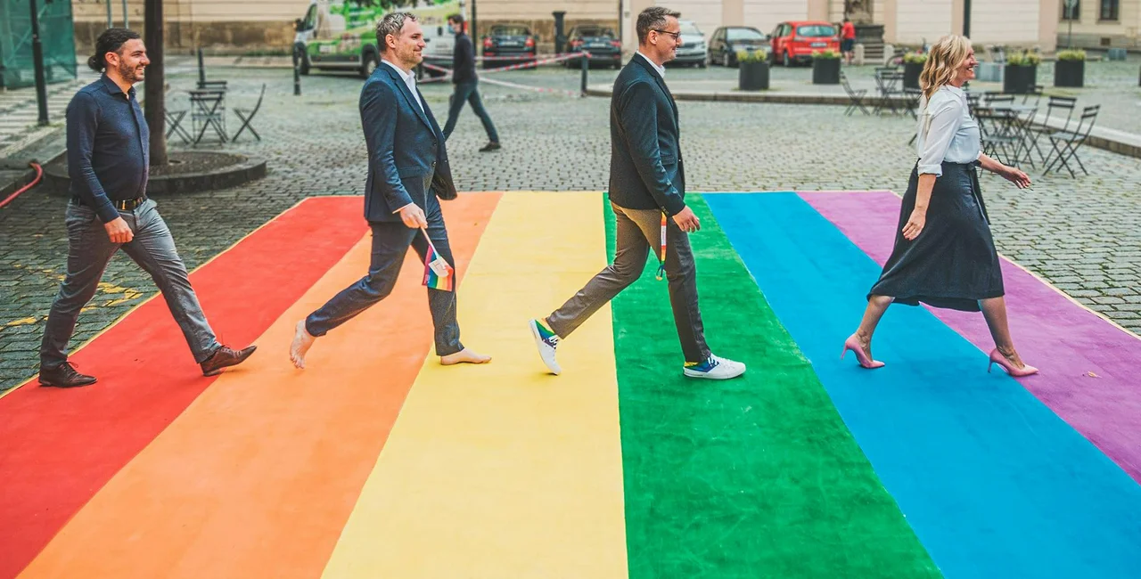 Prague city officials channel the Beatles to start Pride Week. (Photo: Zdeněk Hřib, Facebook)