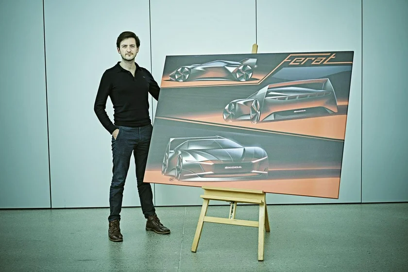 Baptiste de Brugiere with his new concept for the Ferat Vampire car. (Photo: Škoda a.s.)