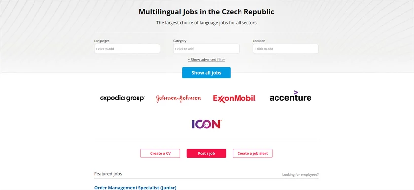 Expats.cz Jobs homepage screenshot