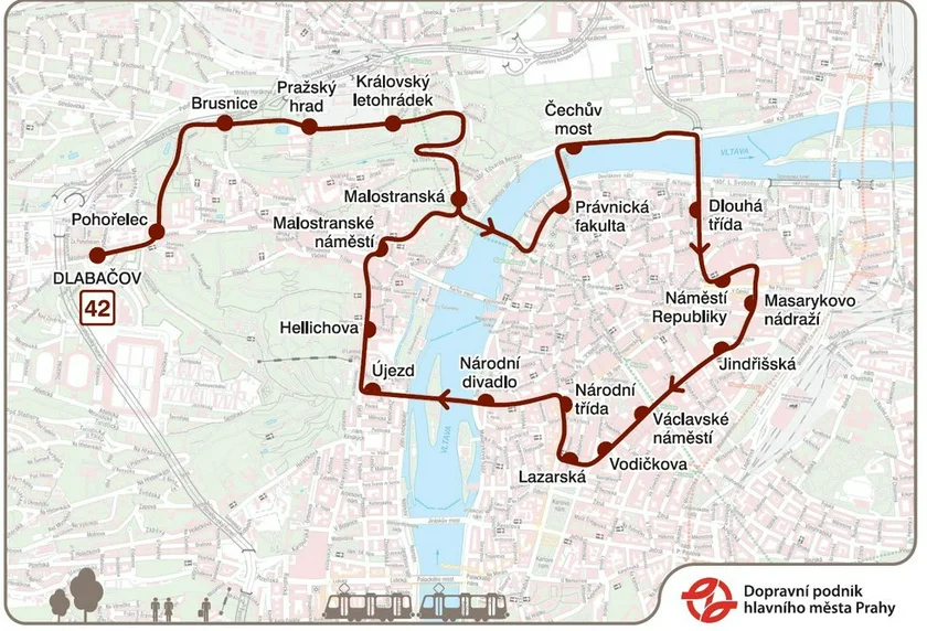 Sightseeing tram no 42 route. Image: DPP