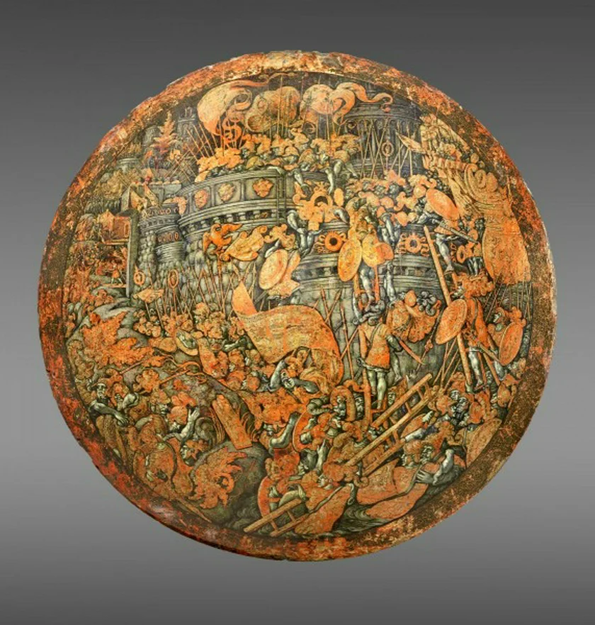 The shield depicts the Roman storming of New Carthage / photo via Philadelphia Museum of Art