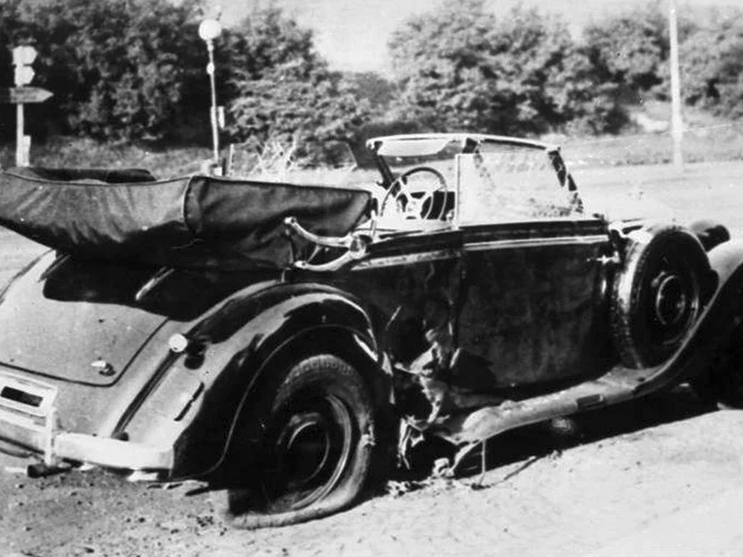 Grenade-damaged car of acting Reichsprotektor Reinhard Heydrich. (Photo: Wikimedia Commons)
