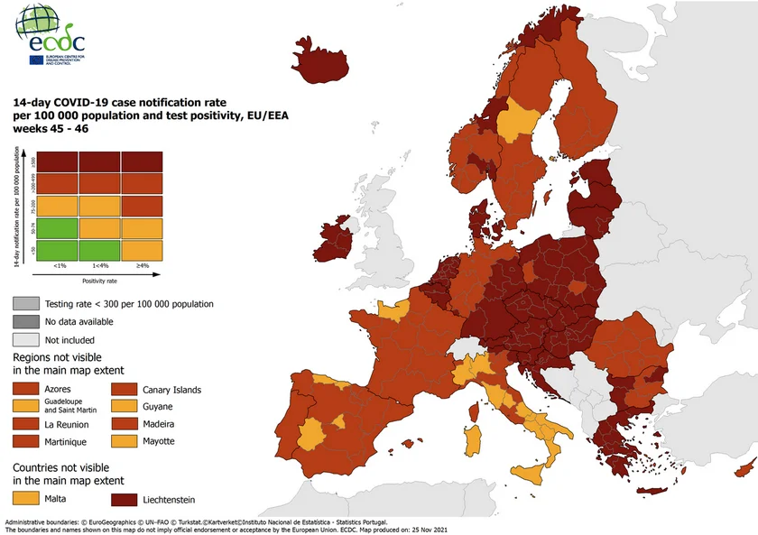 Combined Covid-19 indicator map. Image: European Centre for Disease Control