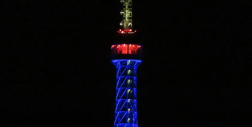 Petřín Lookout Tower lit in Czech colors. (Photo: Raymond Johnston)