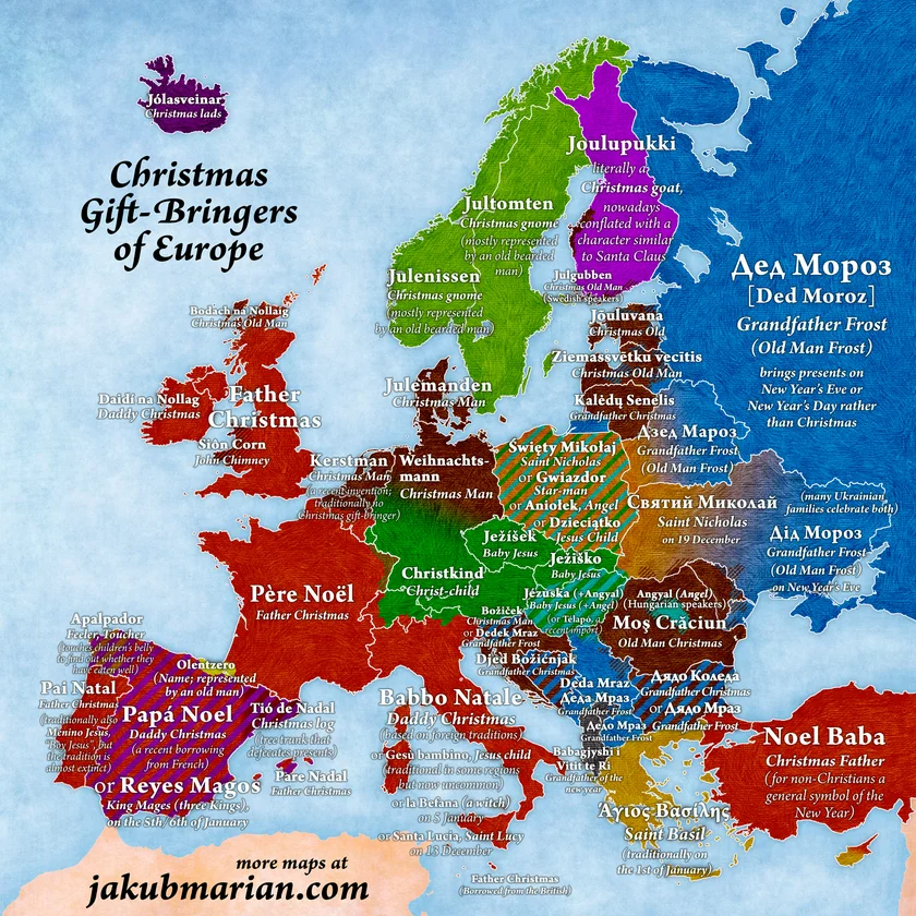 Christmas gift bringers in Europe. Map: