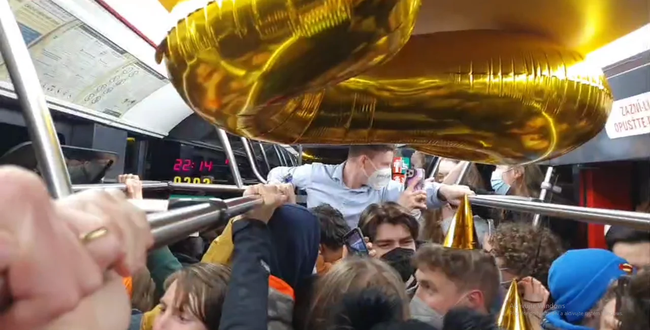Revelers partied aboard Prague's tram 22 on Feb. 22, 2022 on Tuesday night.