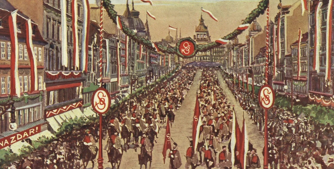 Sokol parade in Prague in a historical print. Via Sokol, Facebook.