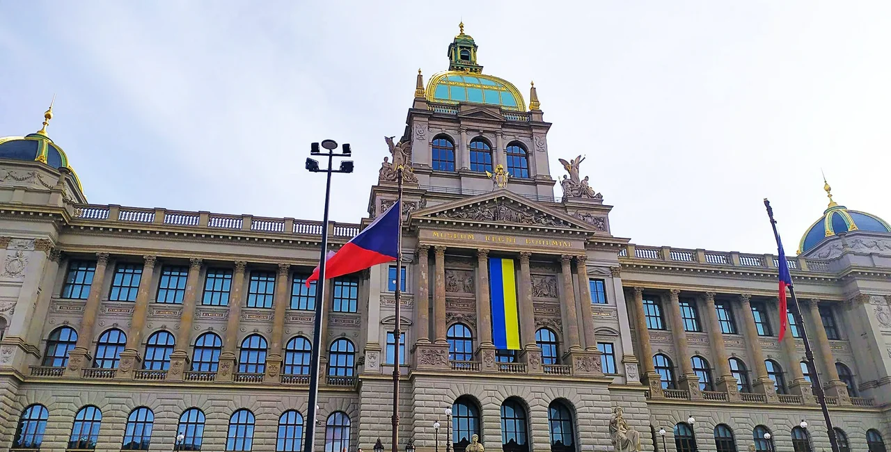 The Ukrainian flag has appearerd on Prague's National Museum. Photo / Raymond Johnston.