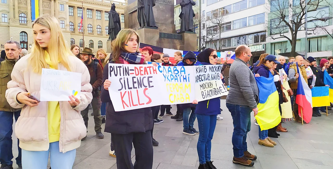 housands marched on Prague yesterday in protest of the Russian invasion of Ukraine. Photo: Raymond Johnston