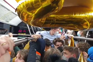 Revelers partied aboard Prague's tram 22 on Feb. 22, 2022 on Tuesday night.
