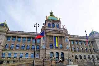 The Ukrainian flag has appearerd on Prague's National Museum. Photo / Raymond Johnston.