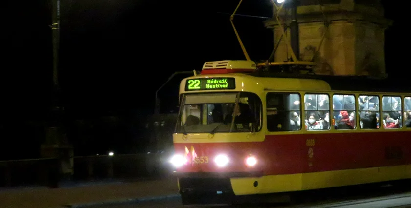 A 22 tram crosses Most Legií close to 22:22. Photo: Raymond Johnston