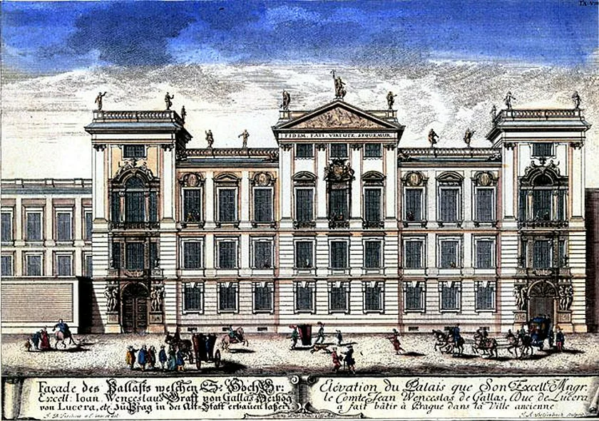 Historical etching of Clam-Gallas Palace. Public domain.
