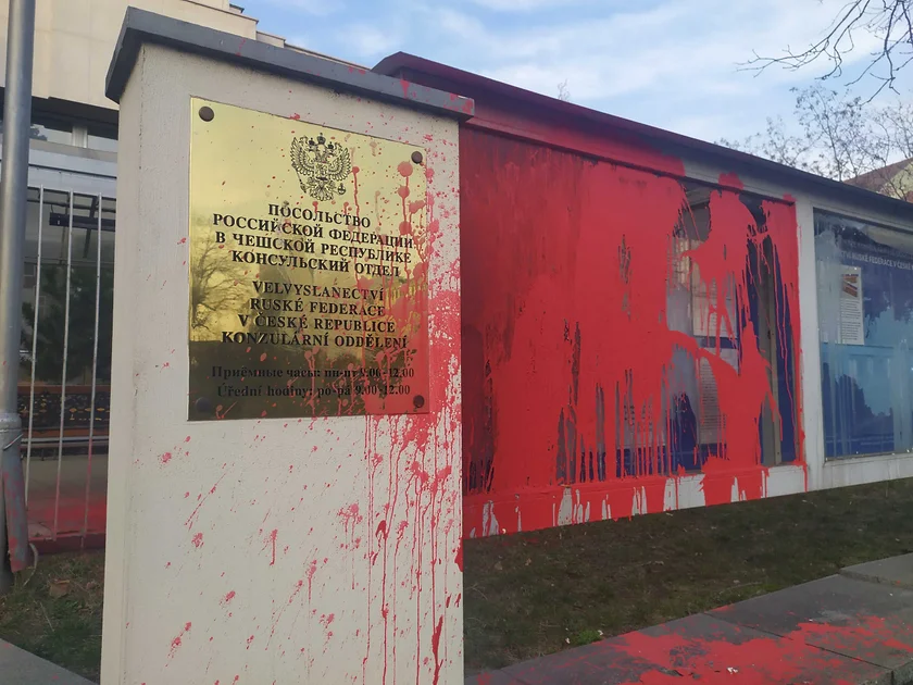 Red paint splashed on the Russian embassy this weekend / photo via Raymond Johnston