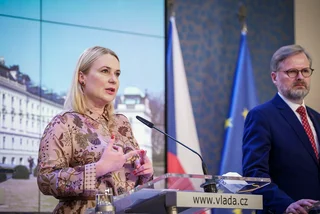 Czech Defense Minister Jana Černochová speaks at a press conference on