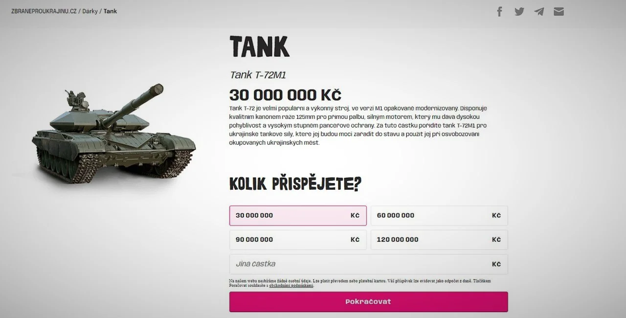 Czech e-shop sells tanks, weapons, and military equipment to finance Ukrainian army. Photo: ZbraneproUkrajiny.cz
