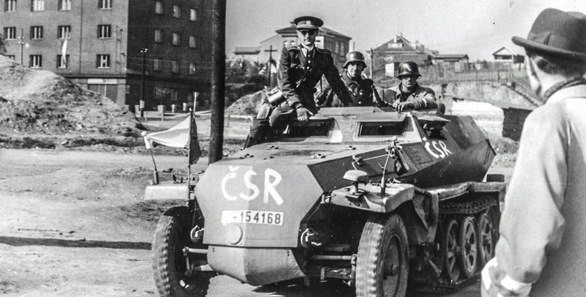 Captured armored personnel carrier in Žižkov on May 7, 1945. Photo: Military Historical Archive of the VÚA, Jindřich Sláma