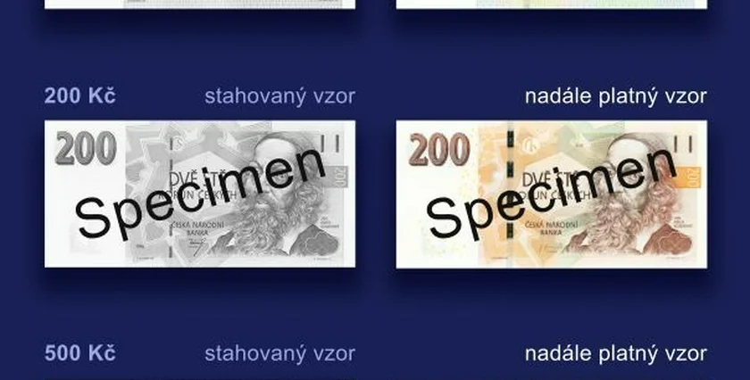 Withdrawn (on left) and valid (right) bank notes. Image: Czech National Bank