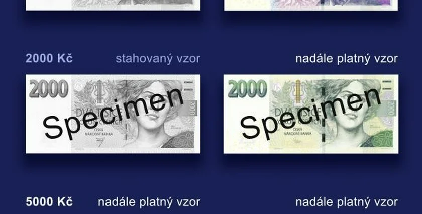 Withdrawn (on left) and valid (right) bank notes. Image: Czech National Bank