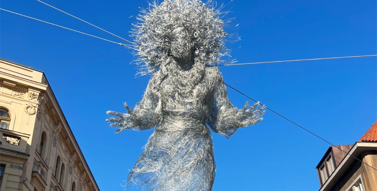 Vinok, floating above Prague's Dlouhá street. Photo: Facebook / Veronika Psotková