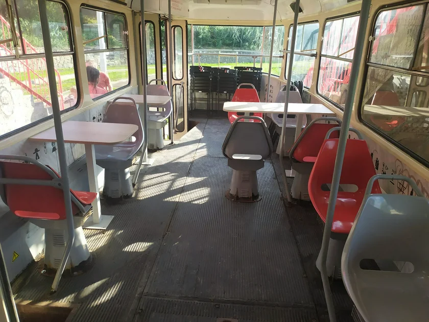 Inside the T3 tram at Bistro Točna. Photo: Raymond Johnston.