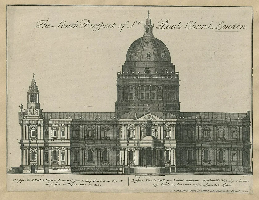 Sketch of St. Paul's Cathedral in London in 1702. Wikimedia commons, public domain.