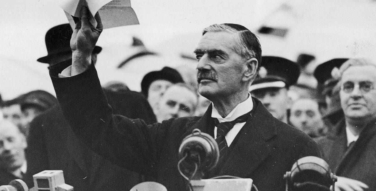 British Prime Minister Neville Chamberlain declares 'peace for our time.' Photo: Polish National Archive, public domain.