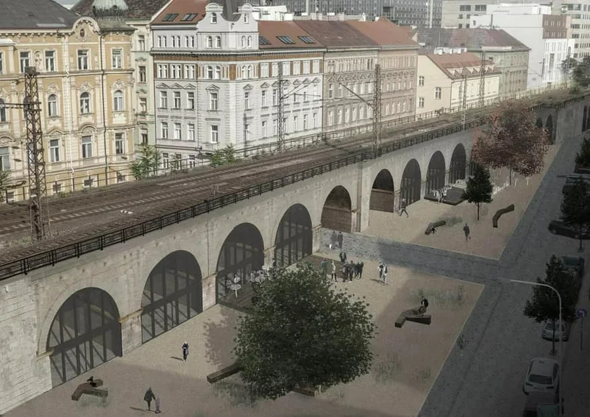 Shop spaces under Negrelli viaduct. Image via Praha 8.