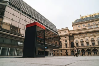 Retro phone booth in front of National Theatre marks start of Nov. 17 remembrance