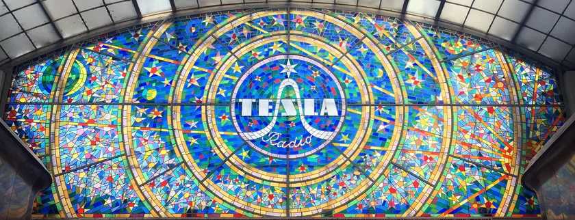 Stained glass Tesla Radio logo at Prague's Světozor Passage. Photo: iStock /