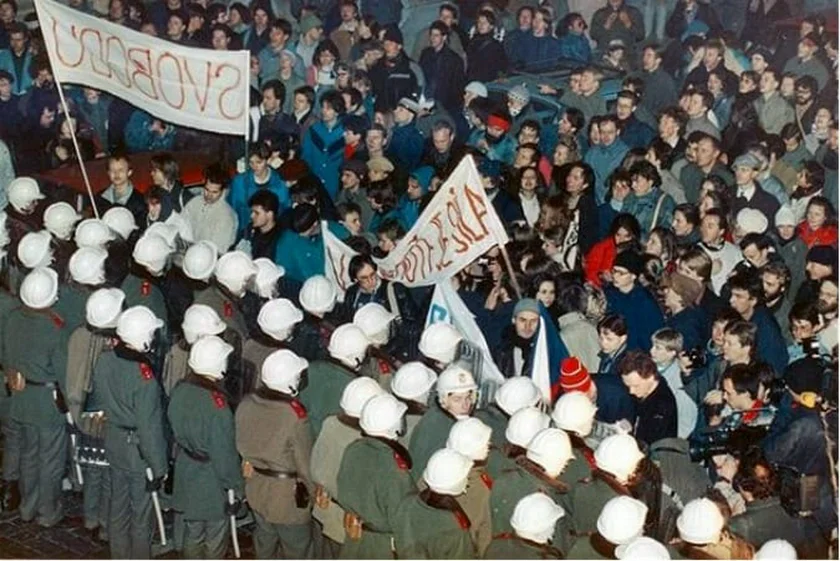 The student protestors are met by riot police on Národní Třída.