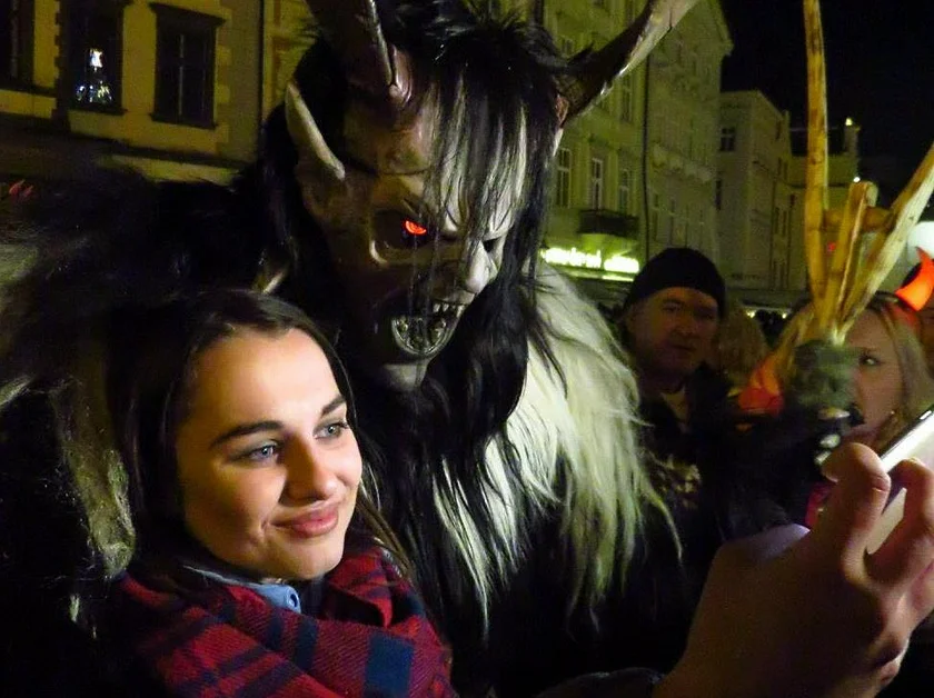 Selfie time with Krampus. Photo: Raymond Johnston.