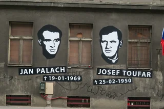 Street art memorial for Jan Palach and Josef Toufar. Photo: Raymond Johnston.