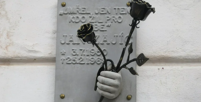 Memorial plaque for Jan Zajíc on Wenceslas Square. Photo: Raymond Johnston.