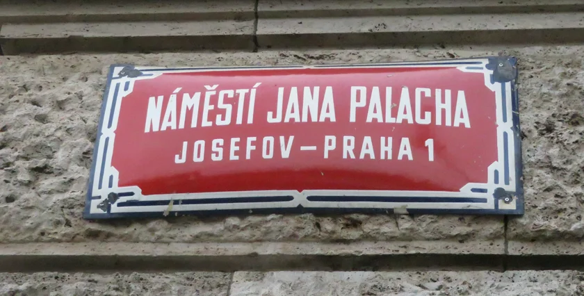 Street sign for náměstí Jana Palacha. Photo: Raymond Johnston.
