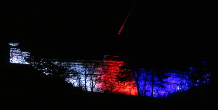 The base of the Metronome lit in Czech colors. Photo: Raymond Johnston