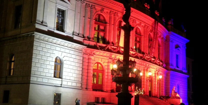 The Rudolfinum lit in Czech colors. Photo: Raymond Johnston