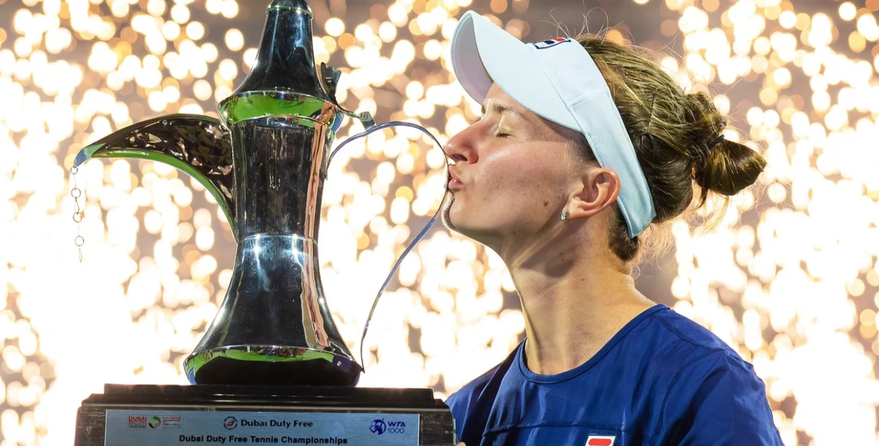 Barbora Krejčíková with her Dubai Tennis Championship trophy. Photo: Facebook / WTA