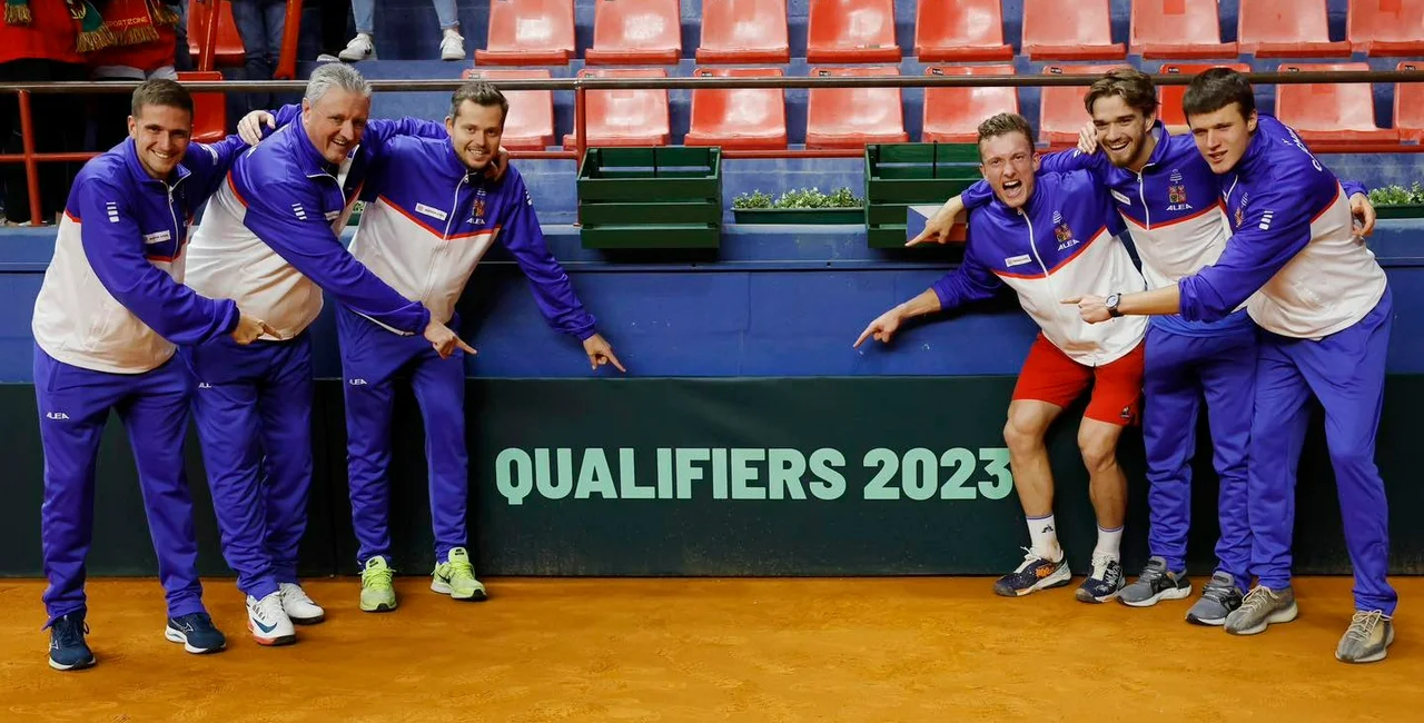 The Czech men's tennis team celebrate their qualification to the main draw of the Davis Cup (Facecook.com/czechdaviscupteam)