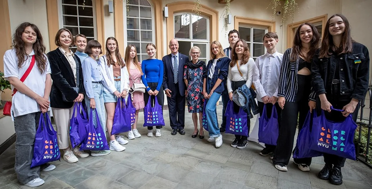 Photo from an NYU student introduction in September, showing Iryna Neroda (seventh from the left) and Anastasiia Koverha (first from the right).