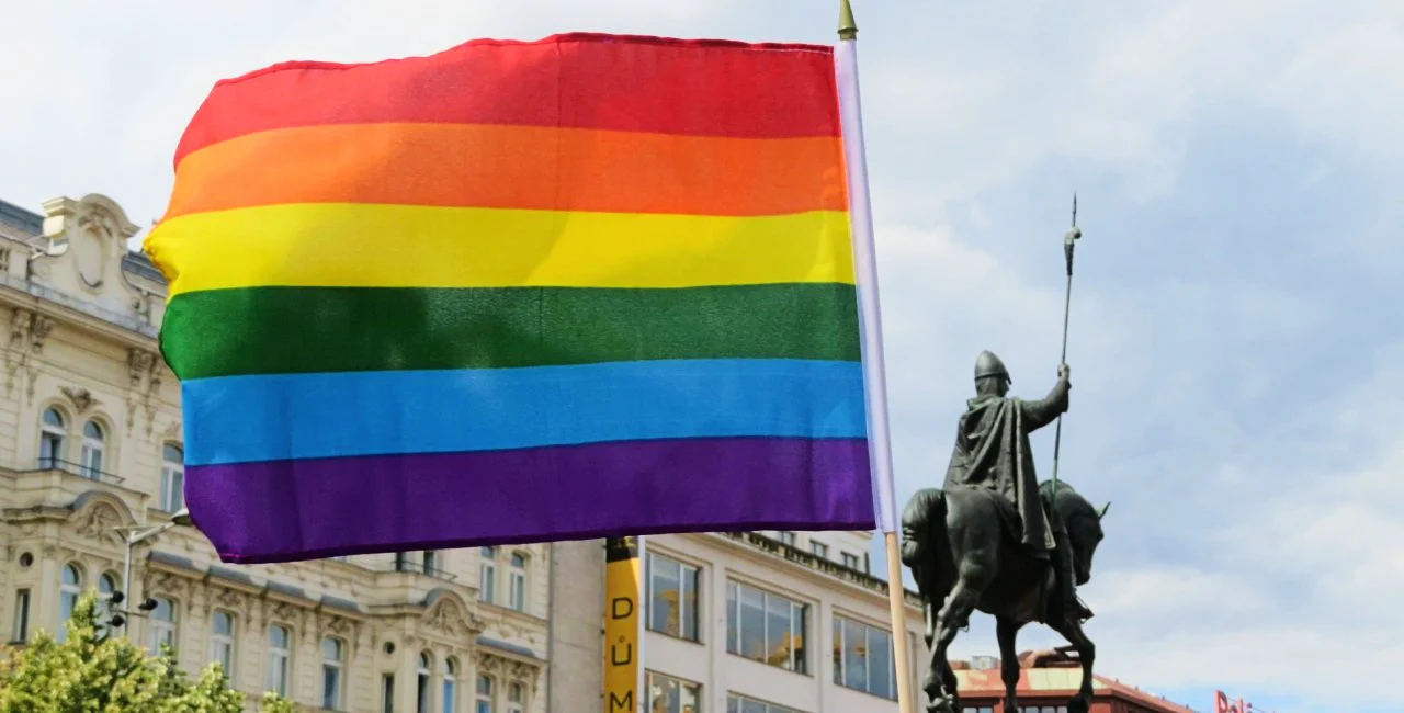 Pride flag in Wenceslas Square in 2018. Photo: Raymond Johnston