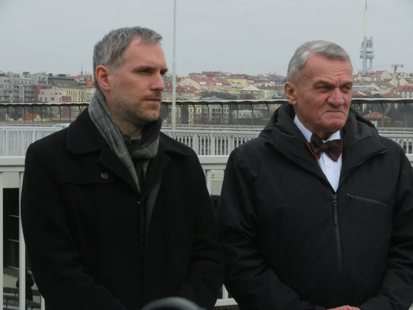 Deputy Mayor Zdeněk Hřib and Mayor Bohuslav Svoboda at the Nusle Bridge. Photo: Raymond Johnston