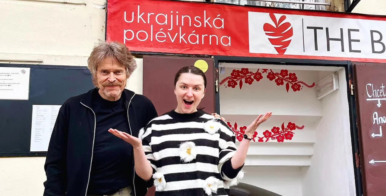 Actor Willem Dafoe outside a Ukrainian restaurant in Vinohrady. Photo: Instagram