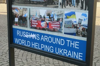 Outdoor photo exhibition showing Russian support for Ukraine vandalized