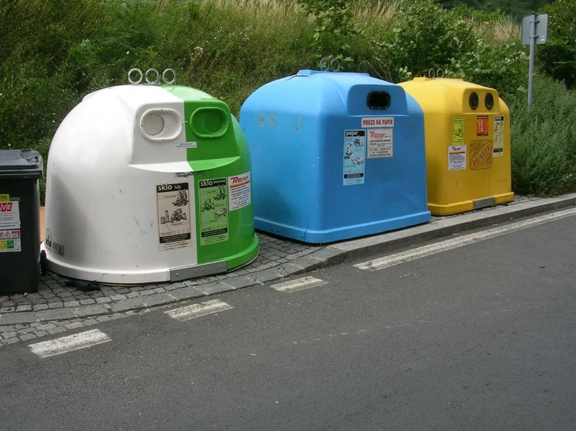 An example of recycling bins found in Prague. (Source: Wikimedia Commons)